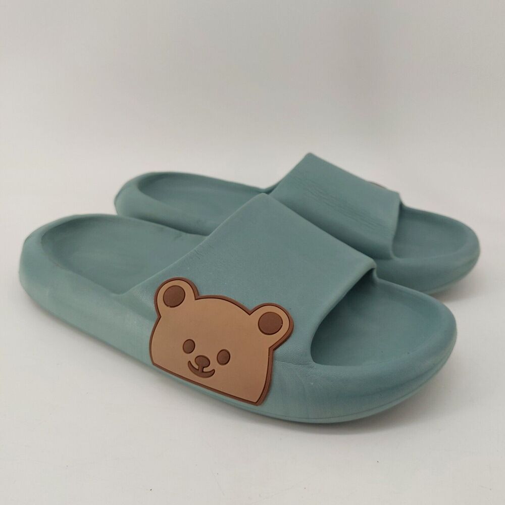 Teddy Bear Womens Size 10 Sandals Blue Cute Brown Foam Slides Sandals Bath